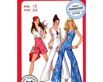 DESCARGA INMEDIATA EN PDF: Mono con abertura en el abdomen estilo años 70 en dos largos, busto 87 cm (34"), reproducción del patrón de costura vintage Butterick 5725.