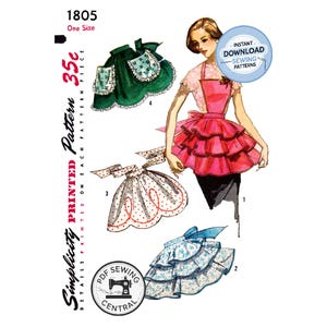 May include: Vintage sewing pattern featuring apron designs. The image shows various apron styles, including a green apron with white trim, a red apron with ruffles, a white apron with red polka dots, and a blue ruffled apron. The pattern is labeled "1805" and "One Size".