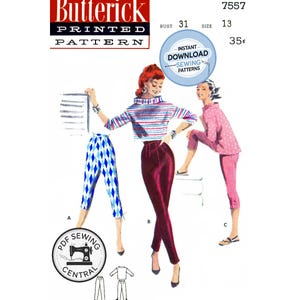 Può includere: Modello stampato Butterick con tre modelli di outfit vintage. Gli outfit includono un top a righe, pantaloni capri e una gonna a vita alta. Il modello include il testo "Instant Download Sewing Patterns".