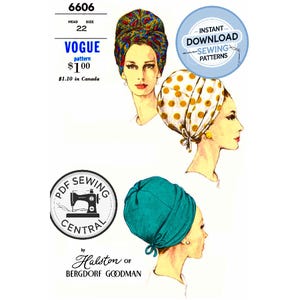 Puede incluir: Patrón de costura Vogue vintage con ilustraciones de mujeres con pañuelos en la cabeza. El número de patrón es 6606. Incluye el texto "Instant Download Sewing Patterns". El diseño es de Halston of Bergdorf Goodman.