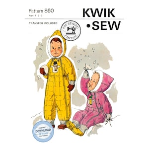 May include: A Kwik Sew pattern 860 for ages 1, 2, and 3 featuring an illustration of two children in hooded snowsuits. One child wears a yellow snowsuit with a snowman graphic, and the other wears a pink snowsuit. Text includes Pattern 860, Transfer Included, and PDF Sewing Central.