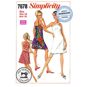 May include: Simplicity sewing pattern 7678 showing three dress designs. The pattern includes Miss size 12 and bust 86 cm measurements. The image includes the text "Instant Download Sewing Patterns" and "PDF Sewing Central".