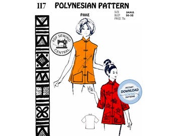 PDF SOFORT-DOWNLOAD: 60s Frauen Pake asian Style Top, Büste 30-32, Polynesian Patterns 117, Vintage Schnittmuster-Reproduktion