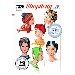 May include: A vintage Simplicity sewing pattern, number 7326, showcasing illustrations of different women's hats. The designs include a red beret, a leopard print cap, and a green head wrap. The pattern is marked "One Size" and includes "Instant Download - Sewing Patterns."