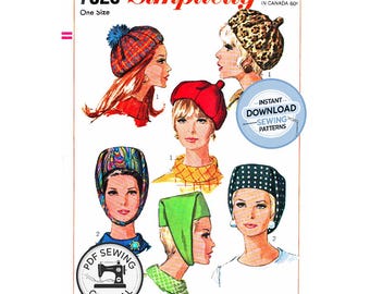 Descarga digital en PDF: Boina o sombrero tipo pillbox con forro, estilo años 60, talla única, Simplicity 7326, reproducción de patrón de costura vintage