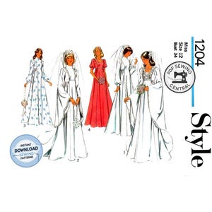 Puede incluir: Un sobre de patrón de costura etiquetado 1204 Style, Miss Size 12 Bust 34, con ilustraciones de cuatro vestidos largos. Tres son vestidos de novia blancos con velos y uno es un vestido rojo liso con mangas abullonadas. Incluye texto PDF Sewing Central.