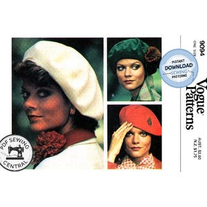 May include: Vintage Vogue Patterns sewing pattern showing berets in cream, green, and red. The image includes a close-up of a woman wearing a cream beret and two other beret styles. The pattern is from PDF Sewing Central.
