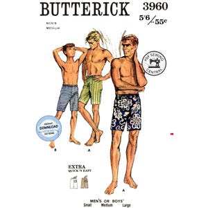 May include: Vintage Butterick sewing pattern for men's or boys' swim trunks. The illustration shows three shirtless figures wearing different styles of shorts: striped, striped, and floral. The pattern includes sizes small, medium, and large. The text reads "Instant Download Sewing Patterns."