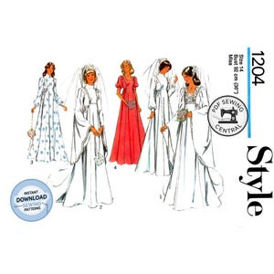 Puede incluir: Un sobre de patrón de costura etiquetado 1204 Style con ilustraciones de cinco vestidos largos, incluyendo cuatro vestidos de novia blancos con velos y un vestido rojo. El texto incluye Size 14, Bust 92 cm y PDF Sewing Central.