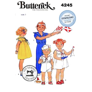 Könnte beinhalten: Vintage Butterick Schnittmuster 4245 mit Illustrationen von Kindern in Matrosen- und nautisch inspirierten Outfits. Der Text "Instant Download Sewing Patterns" und "PDF Sewing Central" ist enthalten.