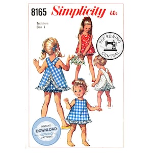 May include: Vintage Simplicity sewing pattern for toddler dresses, size 1. The cover features illustrations of children in various dresses, including a blue gingham romper and a red floral dress. Includes the text "Instant Download Sewing Patterns".
