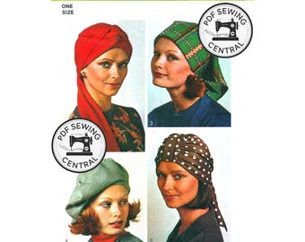 Descarga digital en PDF: Gorro con turbante, boina y bufanda de los años 70, ajustable, talla única, Simplicity 5887, reproducción del patrón de costura vintage