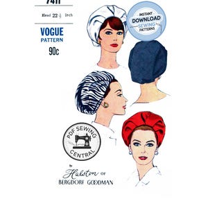 Puede incluir: Patrón de costura Vogue vintage con ilustraciones de mujeres con tocados. El patrón incluye el texto "7411", "Cabeza 57.15 cm" y "VOGUE PATTERN". El patrón es de Halston of Bergdorf Goodman.