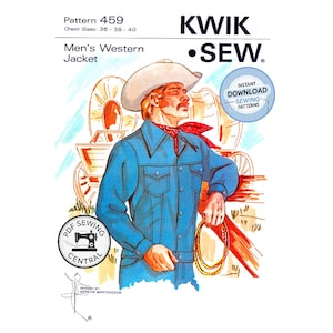 Op de afbeelding: Illustratie van een vintage naaipatroon voor een Western jas. Het patroon, met de naam "Pattern 459", toont een cowboy in een blauwe jas, witte hoed en rode halsdoek. Borstmaten: 91-102 cm. Het merk is Kwik Sew.