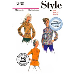 May include: Vintage sewing pattern featuring three blouse designs. The pattern includes the number 3160, the word "Style", and the text "Miss Size 12 Bust 34". The image also includes the text "Instant Download Sewing Patterns".