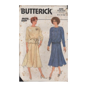Butterick 3409 Sewing Pattern, Top, Skirt and Belt, Size 14-16-18, Uncut, Factory Folded
