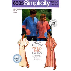 May include: Simplicity sewing pattern 6835 featuring caftan designs. The pattern includes instructions for a medium size, with a range of 38-40 for men. The image shows caftans in blue, red, and white, with pocket details and the text "How to Sew Fashion Basic Caftan."