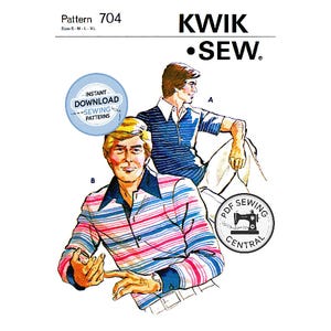 May include: Vintage sewing pattern featuring illustrations of men's shirts. The pattern, labeled "704" and "Kwik Sew," includes a striped shirt design in blue, pink, and white. Additional text includes "Instant Download Sewing Patterns" and "PDF Sewing Central."