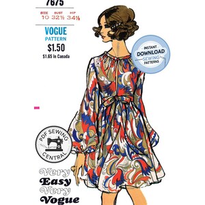 Może przedstawiać: Wzór Vogue 7675 na sukienkę w stylu vintage. Ilustracja przedstawia kobietę w kolorowej sukience we wzory z długimi rękawami i kokardą w talii. Wzór zawiera wymiary biustu i bioder.
