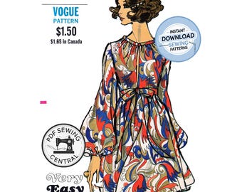 DESCARGA INMEDIATA EN PDF: Vestido estilo años 60 con abertura frontal, falda acampanada y mangas obispo, busto 82,5 cm (32,5") Vogue 7675, reproducción de patrón de costura vintage