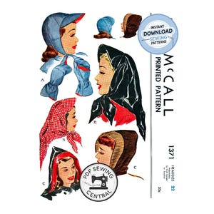 Könnte beinhalten: Vintage McCall's Schnittmuster mit Kopfbedeckungen. Das Muster zeigt Illustrationen verschiedener Kopftücher und Hüte in verschiedenen Stilen und Farben, darunter Blau, Schwarz, Rot und Braun. Das Muster ist mit "1371" gekennzeichnet und enthält den Text "Instant Download Sewing Patterns".
