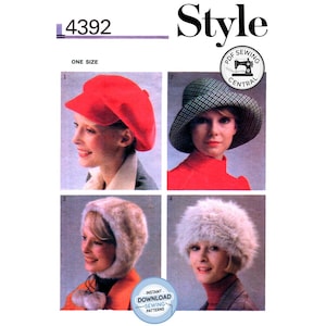 May include: A sewing pattern envelope labelled Style 4392 featuring four hat designs: a red cap, a green and black plaid bucket hat, a beige faux fur hood with pom-poms, and a fluffy white faux fur hat. The document includes PDF Sewing Central branding.