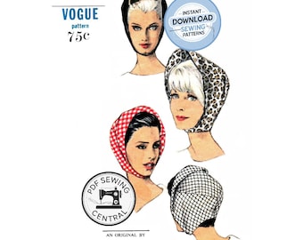 Descarga digital en PDF: Capucha con corte al bies, años 60, con cierre bajo la barbilla, talla ajustable, Vogue 6605, reproducción de patrón de costura vintage