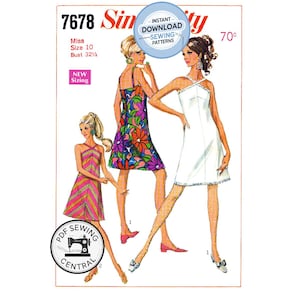 May include: Vintage sewing pattern featuring three dress designs. The pattern includes the text "7678 Simplicity" and "Instant Download Sewing Patterns". The image also includes the text "Miss Size 10 Bust 32 1/2".