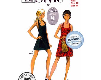 DESCARGA INSTANTÁNEA EN PDF: Vestido de escote halter sencillo de los años 70 en largo micromini o regular, busto 34", reproducción del patrón de costura estilo 2754
