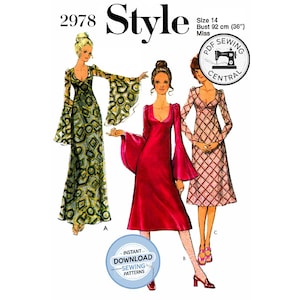 May include: Vintage sewing pattern featuring three dress designs. The pattern includes a size 14, with a 36-inch bust. The dresses have long sleeves and a V-neckline. The image includes the text "Style", "Instant Download Sewing Patterns", and "PDF Sewing Central".