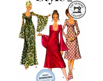 PDF SOFORT-DOWNLOAD: 70er Jahre Empire-Taille Kleid mit Trompetenärmeln, Schnittmuster-Reproduktion Vintage 36 (92 cm), Style 2978