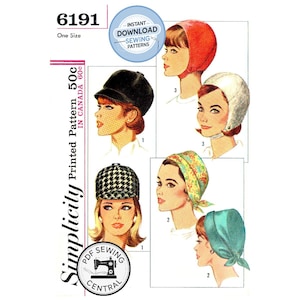 May include: A vintage Simplicity sewing pattern, number 6191, showcasing different head covering styles. The image displays illustrations of a red hood, a black cap, a white head covering, a houndstooth cap, a floral scarf, and a teal headscarf. The text says "Instant Download Sewing Patterns".