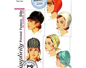 Descarga digital en PDF: Sombrero de jockey de los años 60, casco forrado y gorro suave, talla única, Simplicity 6191, reproducción de patrón de costura vintage