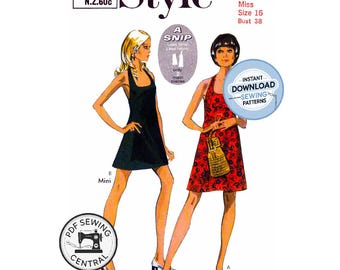 DESCARGA INSTANTÁNEA EN PDF: Vestido de escote halter sencillo de los años 70 en largo micromini o regular, busto 38", reproducción del patrón de costura estilo 2754