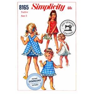 May include: Vintage Simplicity sewing pattern for a toddler size 2. The image shows illustrations of little girls in dresses and rompers. The pattern features a blue and white gingham romper, a red floral dress, and a white dress with a scalloped hem.