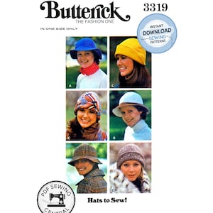 May include: A Butterick sewing pattern for hats, featuring six different designs. The image includes the text "Hats to Sew!" and "Instant Download Sewing Patterns". The pattern number is 3319 and is available in one size only.