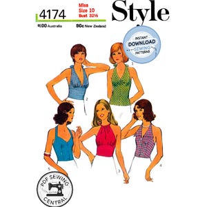 Puede incluir: Patrón de costura vintage con ilustraciones de tops halter en varios estilos. El patrón incluye el texto "Style", "Miss Talla 10 Busto 82.5cm", y "Descarga instantánea - Patrones de costura". La imagen también incluye el texto "PDF Sewing Central".