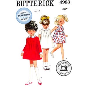 Könnte beinhalten: Vintage Butterick Schnittmuster 4983 mit drei kleinen Mädchen in Kleidern. Das Muster enthält ein rotes Kleid, ein weißes Kleid und ein Kleid mit Blumendruck. Das Muster ist Größe 3 und enthält den Text "Instant Download Sewing Patterns".