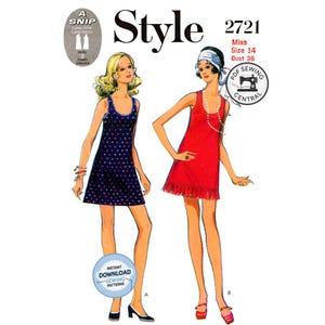 PDF DE DESCARGA INSTANTÁNEA: Minivestido de los años 70 con flecos opcionales, talla 14, estilo 2721, reproducción de patrón de costura vintage.