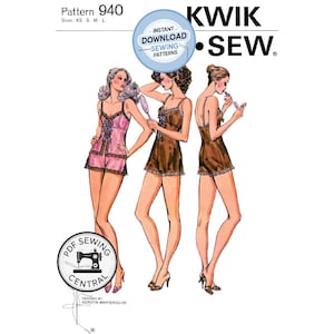 Peut inclure: Patron de couture vintage pour lingerie, avec trois illustrations de femmes. Le patron est de "Kwik Sew" et comprend les tailles XS-L. L'image contient également le texte "Instant Download Sewing Patterns" et "PDF Sewing Central".
