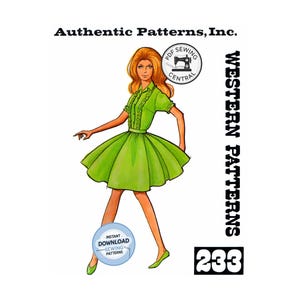 May include: A sewing pattern illustration titled Authentic Patterns, Inc. Western Patterns 233 featuring a drawing of a person with orange hair wearing a bright green collared dress with ruffles, short sleeves, and a full skirt.