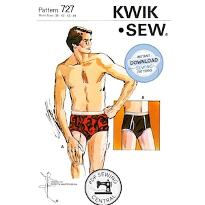 May include: An illustration of a sewing pattern for men's underwear, pattern 727, with waist sizes 38-44. The image includes a drawing of a man wearing the underwear, and a smaller illustration of the underwear. The text "KWIK SEW" and "PDF SEWING CENTRAL" are also visible.