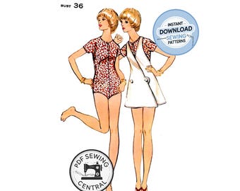 DESCARGA INSTANTÁNEA EN PDF: Jersey cruzado mini y body con mangas de kimono de los años 70, busto 91 cm, Butterick 5818, reproducción del patrón de costura vintage