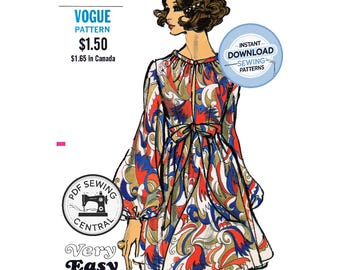 DESCARGA INMEDIATA EN PDF: Vestido estilo años 60 con abertura frontal, falda acampanada y mangas obispo, busto 80 cm (31,5") Vogue 7675, reproducción de patrón de costura vintage