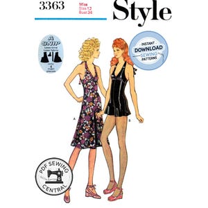 Puede incluir: Ilustración de un patrón de costura vintage con dos mujeres con vestidos. El patrón es de talla 12, con un contorno de pecho de 86 cm. La imagen incluye el número 3363, la palabra "Style" y texto que indica patrones de costura de descarga instantánea.