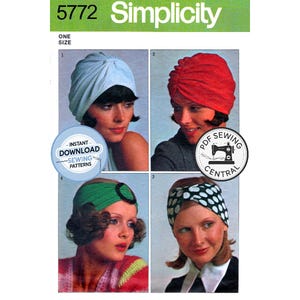 Könnte beinhalten: Simplicity Schnittmuster 5772 mit vier Turban- und Kopftuch-Designs. Das Bild zeigt verschiedene Kopfbedeckungen in verschiedenen Farben und Mustern, darunter ein hellblauer Turban, ein roter Turban, ein grünes Stirnband und ein schwarz-weiß gepunktetes Stirnband.