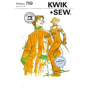 Könnte beinhalten: Ein Kwik Sew Schnittmuster 759 für die Größen 6-8-10 mit einer Illustration einer Person in einer orangefarbenen Jacke und einer anderen in einer orangefarbenen Latzhose mit grünen Akzenten. Text: Pattern 759, Kwik Sew, PDF Sewing Central, Instant Download.