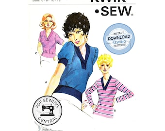 PDF INSTANT DOWNLOAD: 70s Pullover Knit Top with Sleeve and Neckline Variations, Bust 32.5"- 37", Kwik Sew 534, Sewing Pattern Reproduction