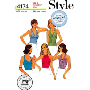 Op de afbeelding: Vintage naaipatroon met illustraties van haltertops in verschillende stijlen. Het patroon bevat de tekst "Style", "Maat 8, Borst 80cm Miss", en "Direct downloaden naaipatronen". De afbeelding bevat ook de tekst "4174", "$1,00 Australië", en "90c Nieuw-Zeeland".
