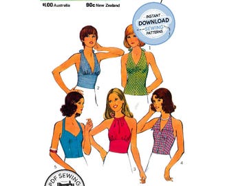 DESCARGA INSTANTÁNEA EN PDF: Blusas halter veraniegas de los años 70, estilo 4174, talla 31.5, reproducción del patrón de costura